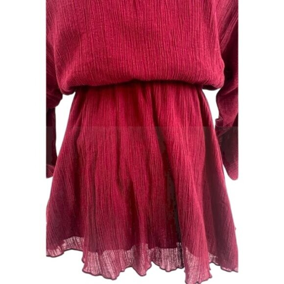 RARE Vintage Free People Burgundy Red Lace Trim Cinched Waist Boho Crepe Top - Picture 13 of 16